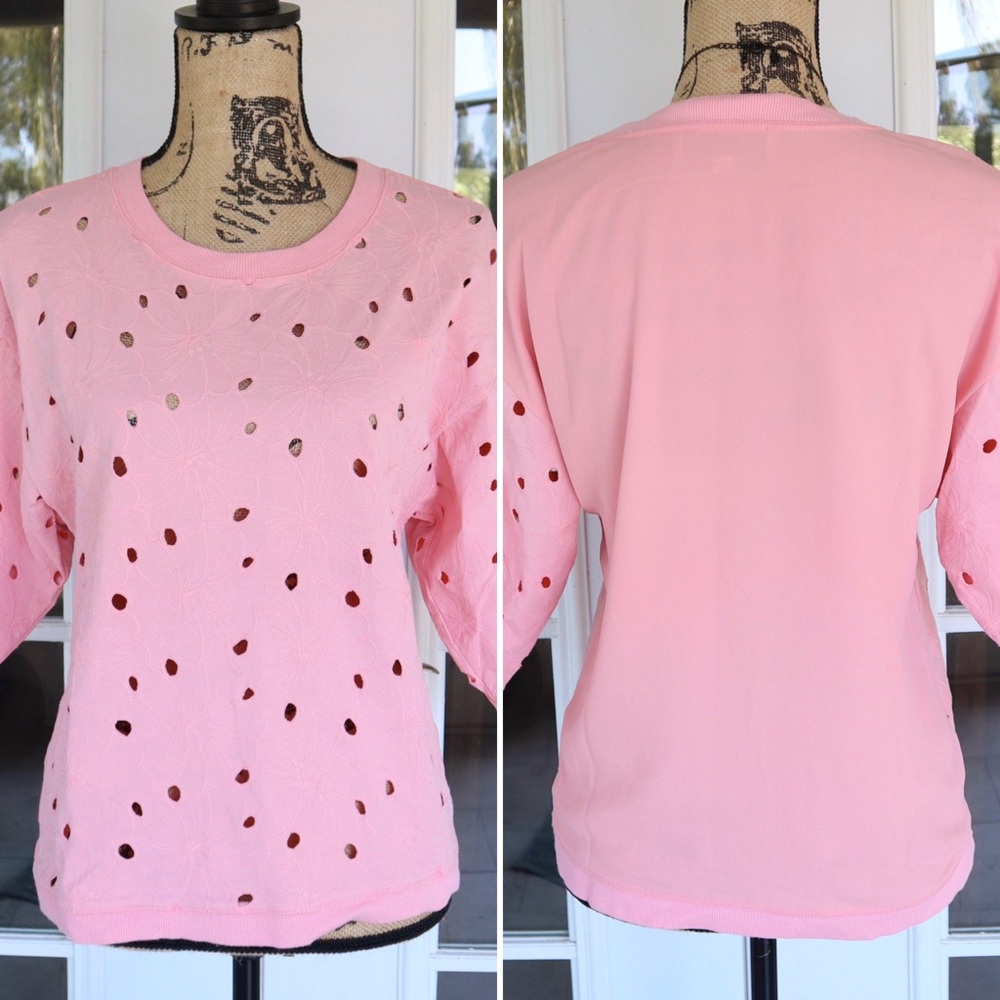 LOFT Floral Eyelet Blouse 3/4 Sleeve Pink XS